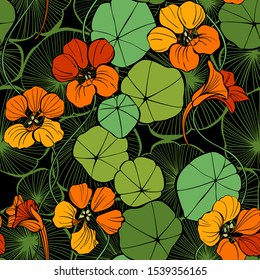 Seamless pattern with nasturtium. Vector illustration. Nature abstract background.