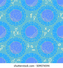 seamless pattern natal astrological chart, zodiac signs. vector illustration
