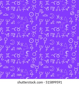 seamless pattern natal  astrological chart, zodiac signs purple vector illustration