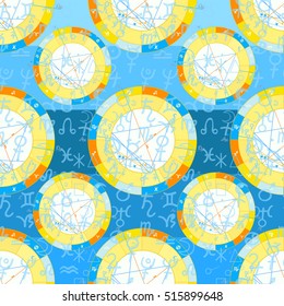 seamless pattern natal  astrological chart, zodiac signs on blue vector illustration
