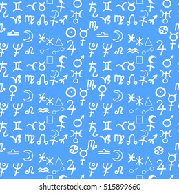 seamless pattern natal  astrological chart, zodiac signs blue vector illustration