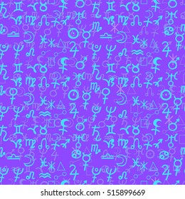 seamless pattern natal  astrological chart, zodiac blue signs on purple vector illustration