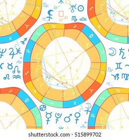 seamless pattern natal curved astrological chart, zodiac signs vector illustration