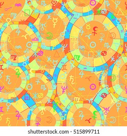 seamless pattern natal curved astrological chart, zodiac signs orange vector illustration