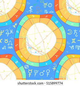 seamless pattern natal curved astrological chart, zodiac signs on blue vector illustration