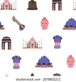 Seamless pattern with national Indian elements and Sights mehendi, Buddha, festival elephant, sitar, paper lanterns, Taj Mahal, tea, lotus, Hamsa hand, Triumphal Arch. Flat style Vector illustration