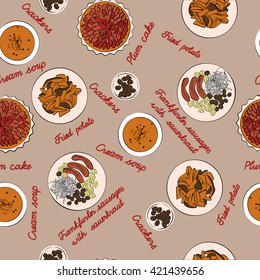 Seamless pattern of national meal of Germany. Vector illustration of  sausages,  cream-soup, fried potato, plum cake, crackers, sauercraut. Full color linear graphic. Perfect for restaurant business.