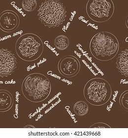 Seamless pattern of national meal of Germany. Vector illustration of  sausages,  cream-soup, fried potato, plum cake, crackers, sauercraut. Brown and white  graphic. Perfect for restaurant business.