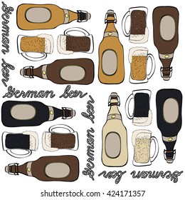 Seamless pattern. National meal  vector. German traditional cuisine. German beer bottles and a full glasses with handle. Hand drawing. Full color linear graphic. 