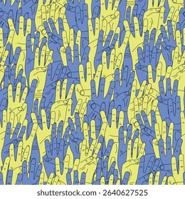 Seamless pattern. The national symbol of the trident, coat of arms of Ukraine, 3 fingers, a group of blue and yellow hands