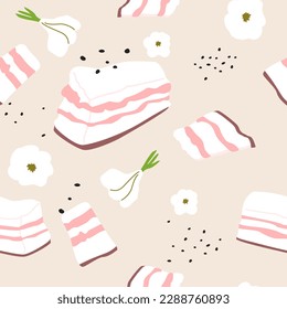 Seamless pattern of national Ukrainian raw salty pork salo with garlic and pepper.