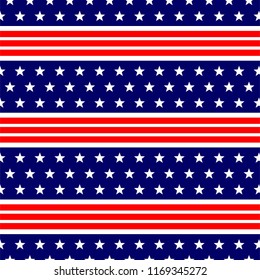 Seamless Pattern National USA Flag with stripes Stars Blue and Red. Pattern suitable for posters, postcards, fabric or wrapping paper.