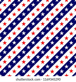 Seamless Pattern National USA Flag with stripes Stars Blue and Red. Pattern suitable for posters, postcards, fabric or wrapping paper.