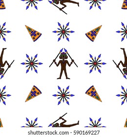 Seamless Pattern with Native American or Australian Motif. Primitive Drawing of Tribal Village, Teepee. Wild Warriors or Angry Hunters with Pikes. Funny Ornament for Surf, Cloth, Print, Calico