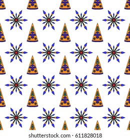 Seamless Pattern with Native American or Australian Motif. Primitive Drawing of Tribal Village, Teepee. Wild Warriors or Angry Hunters with Pikes. Funny Ornament for Surf, Cloth, Print, Calico