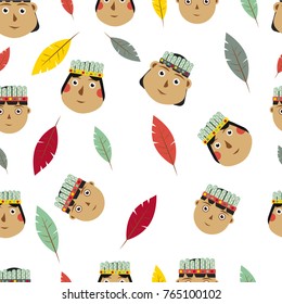 Seamless pattern with Native American family and feathers on white background.