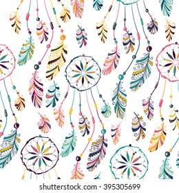 Seamless Pattern With Native Indian-American Dream Catcher. 