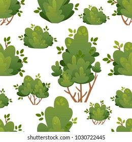 Seamless pattern of natural bushes and garden trees for park cottage and yard vector illustration with place for your text isolated on white background website page and mobile app design.