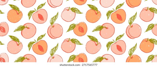 Patrón sin fisuras con melocotones o spricots de colores naturales. Fondo de frutas dibujadas con crayón. Anuncio sin costuras de frutas funky dibujado a lápiz para el diseño de empaques. Textura de tiza, carbón o lápiz.