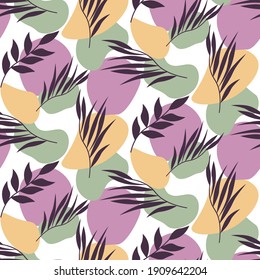 Seamless pattern with natural design. Leaves and multicolored abstract spots. Vector illustration modern creative background. Template for design paper, cover, fabric, interior decor and other users.