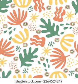 Seamless pattern of natural elements and organic spots on a white background. Palm leaves, algae, drops, groups of dots. Abstract background. Pastel colors, vector illustration.