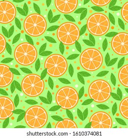 Seamless pattern. Natural fruit. Sliced oranges with leaves