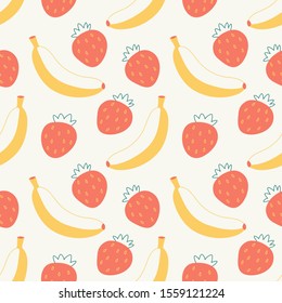 Seamless pattern natural fruits, bananas, strawberries. Sweet dessert, yogurt, cocktail, juice. Organic foods, proper nutrition, vegetarian food. Vector illustration.