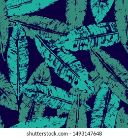 seamless pattern natural green leaves stamp on dark blue background, foliage vector, illustration