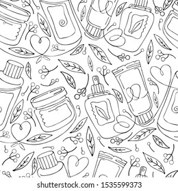 Seamless pattern natural herbal organic cosmetic. Hand drawn background: cream, tube, spray, herbs, leaves, berries. Black and white continuous line, art line. Concept of plant eco cosmetics for skin.