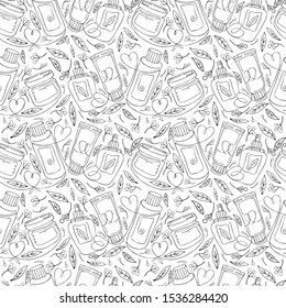 Seamless pattern natural herbal organic cosmetic. Hand drawn background: cream, tube, spray, herbs, leaves, berries. Black and white continuous line, art line. Concept of plant eco cosmetics for skin.