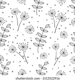 Seamless pattern with natural pattern of leaves and flowers in black and white color.