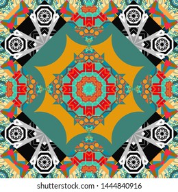 Seamless pattern with natural mandala flat lay, zen, yoga, meditation, still life mandala. Vector colorful background. Bohemian flower mandala in gray, green and blue colors.