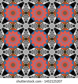 Seamless pattern with natural mandala flat lay, zen, yoga, meditation, still life mandala. Bohemian flower mandala in pink, gray and blue colors. Vector colorful background.