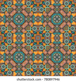 Seamless pattern with natural mandala flat lay, zen, yoga, meditation, still life mandala. Bohemian flower mandala in brown, blue and orange colors. Vector colorful background.