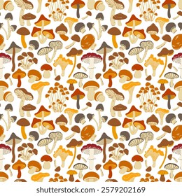 Seamless pattern of natural mushrooms, growing in the autumn forest. Seasonal hedgehog mushrooms, chanterelles and pecheritsa. Vector illustrations in doodle style, flat style.