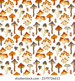 Seamless pattern of natural mushrooms, growing in the autumn forest. Seasonal hedgehog mushrooms, chanterelles and pecheritsa. Vector illustrations in doodle style, flat style.