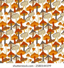 Seamless pattern of natural mushrooms, growing in the autumn forest. Seasonal hedgehog mushrooms, chanterelles and pecheritsa. Vector illustrations in doodle style, flat style.