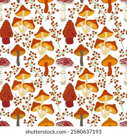 Seamless pattern of natural mushrooms, growing in the autumn forest. Seasonal hedgehog mushrooms, chanterelles and pecheritsa. Vector illustrations in doodle style, flat style.