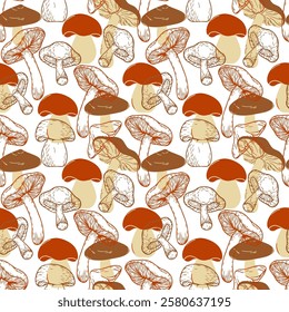 Seamless pattern of natural mushrooms, growing in the autumn forest. Seasonal hedgehog mushrooms, chanterelles and pecheritsa. Vector illustrations in doodle style, flat style.