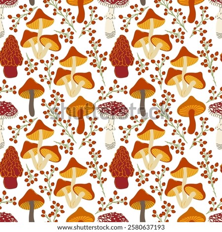 Seamless pattern of natural mushrooms, growing in the autumn forest. Seasonal hedgehog mushrooms, chanterelles and pecheritsa. Vector illustrations in doodle style, flat style.