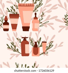 Seamless pattern with natural organic cosmetics in plastic packages flat vector illustration on beige background