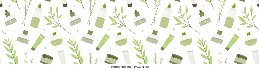 Seamless pattern with natural organic herbs and apothecary bottles. Homeopathy, naturopathy. Complementary, alternative, integrative, holistic medicine. Vector flat cartoon illustration