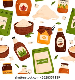 Seamless pattern of natural organic sweeteners. Healthy sugar substitute collection. Vegan, gluten-free and diabetic-friendly product. Vector illustration in cartoon style. Isolated white background
