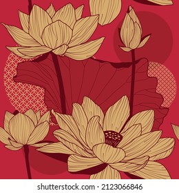 Seamless pattern with natural ornament. Asian lotus flower