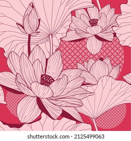 Seamless pattern with natural ornament. Asian lotus flower