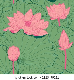 Seamless pattern with natural ornament. Asian lotus flower