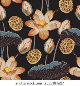 Seamless pattern with natural ornament. Asian lotus flower. 