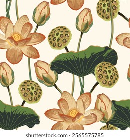 Seamless pattern with natural ornament. Asian lotus flower. 