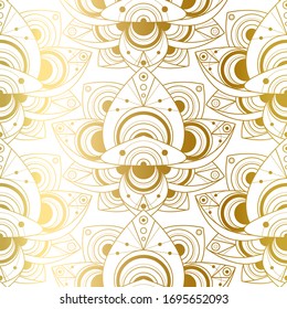 Seamless Pattern with Natural Ornament. Golden Lotus, Gilding Flowers on White Background. Template Vector Illustration of Tropical Water Lily. Beautiful Decoration in Vintage Indian Style.