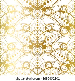 Seamless Pattern with Natural Ornament. Golden Lotus, Gilding Flowers on White Background. Template Vector Illustration of Tropical Water Lily. Beautiful Decoration in Vintage Indian Style.
